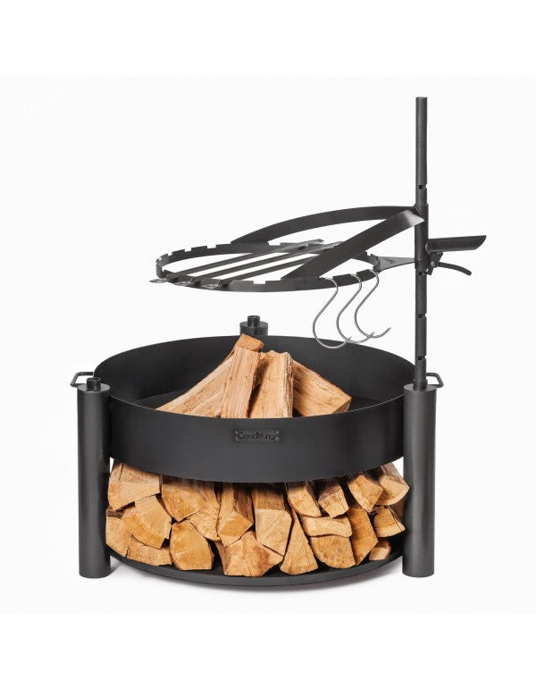 Állítható acél nyárs karika és grillrács BANDITO/MONTANA X tűzrakó tálhoz; 50 cm, fogantyúval; kézzel készült, újrahasználható.