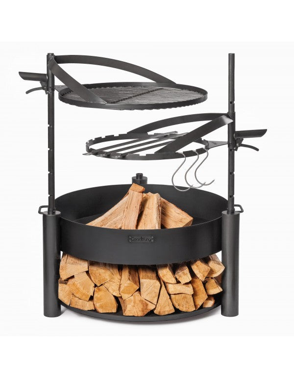 BANDITO/MONTANA X: acél nyárs karika és grillrács állítható magassággal; 50 cm; fogantyú; kézzel készült, újrahasználható kiegészítő.