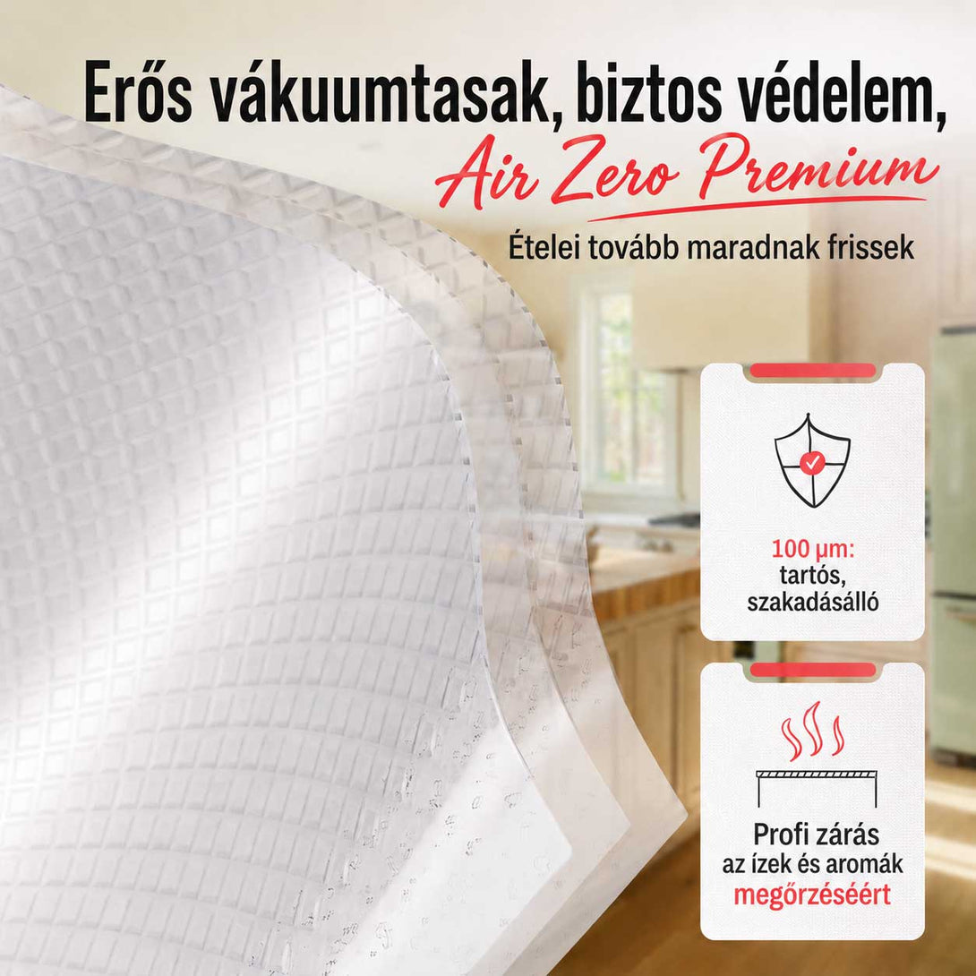 A légbordás Air Zero fólia textúrája közelről, a 100 mikronos anyagot bemutató termékgrafikán