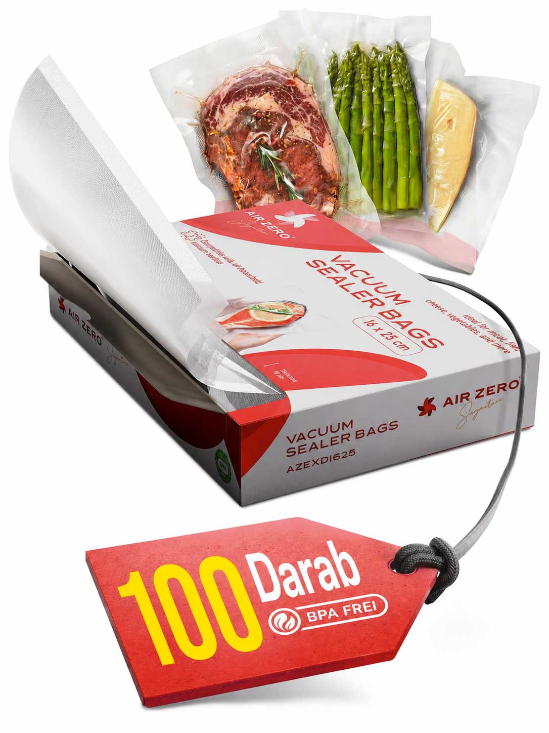 Air Zero Signature vákuumtasak doboz, benne légbordás tasakok és vákuumozott ételek