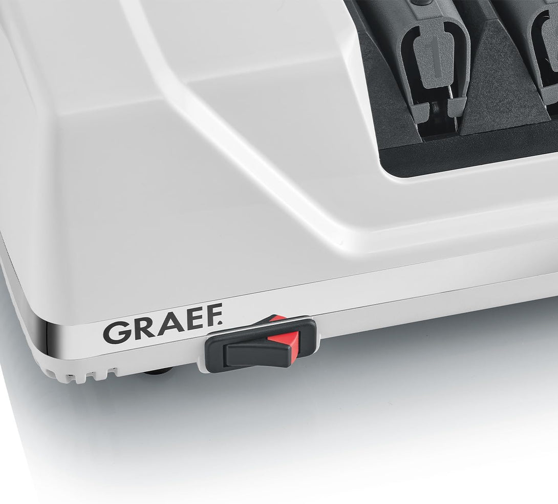 Graef CC150 elektromos késélező élszög választással japán és európai késekhez egyaránt, bekapcsoló gomb