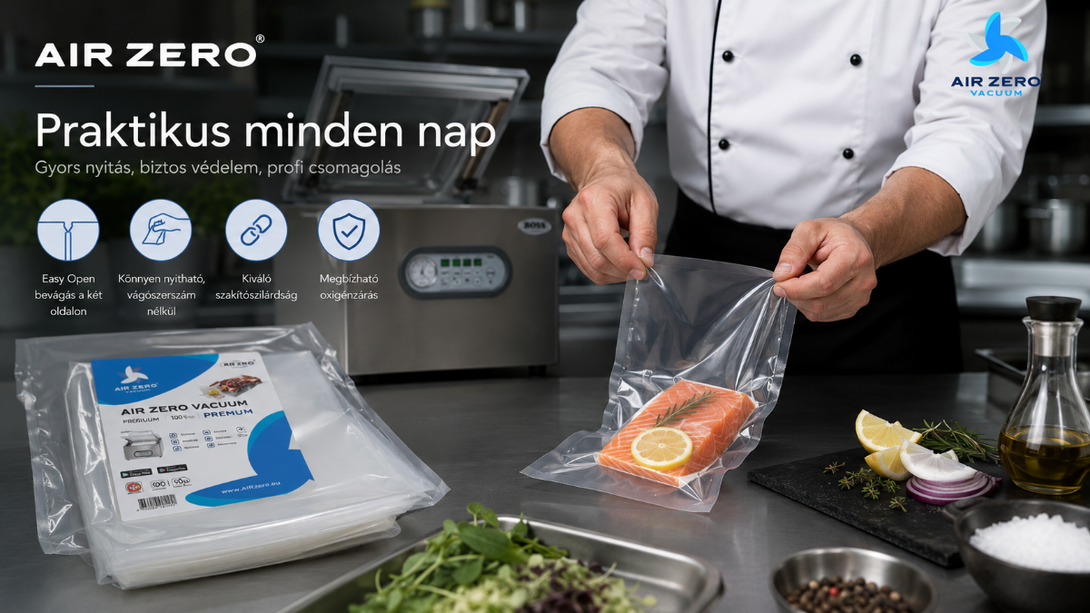 Lazac és citrom egy Air Zero Premium tasakban, a tasak nyitását bemutató termékképen