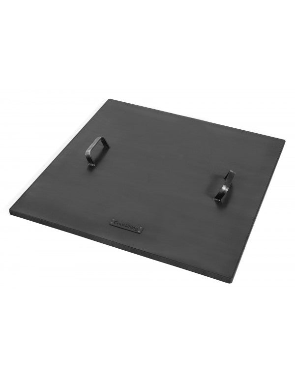 Acél fedél tűzrakó tálhoz, négyzetes 72,5×72,5 cm, peremmel – kerti tűztál teljes lefedéséhez.