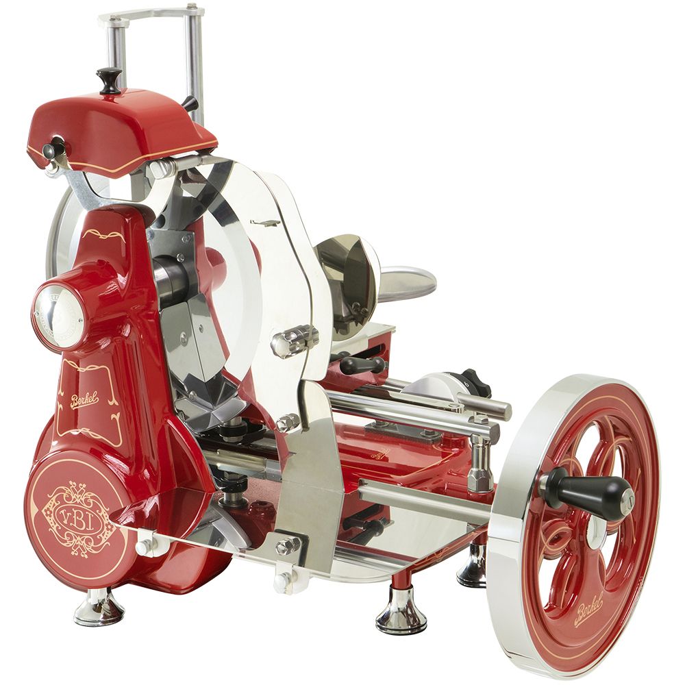 Piros Berkel Flywheel B2 szeletelőgép kézi lendkerékkel és aranyszínű díszítéssel