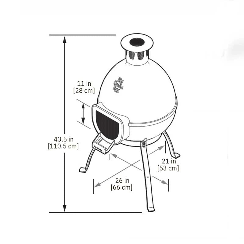 Big Green Egg Chiminea műszaki rajz méretekkel: magasság, szélesség, átmérő cm-ben megadva

