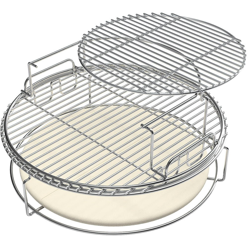 Big Green Egg EGGspander készlet kerámia hőterelő lappal és két szintű grillráccsal, oldalnézetből


