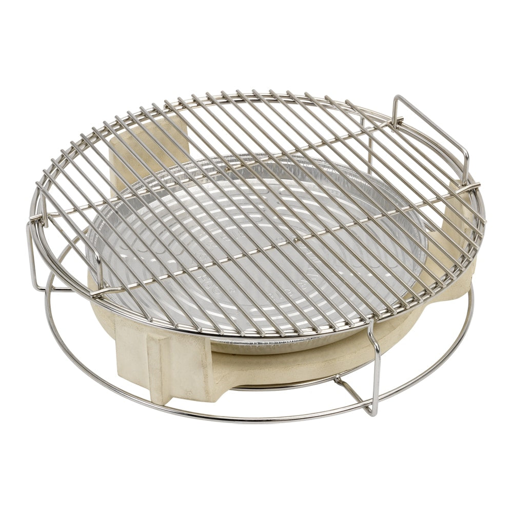 Big Green Egg EGGspander alapgyűrű convEGGtorral és eldobható csepegtető tálcával, alsó szinten

