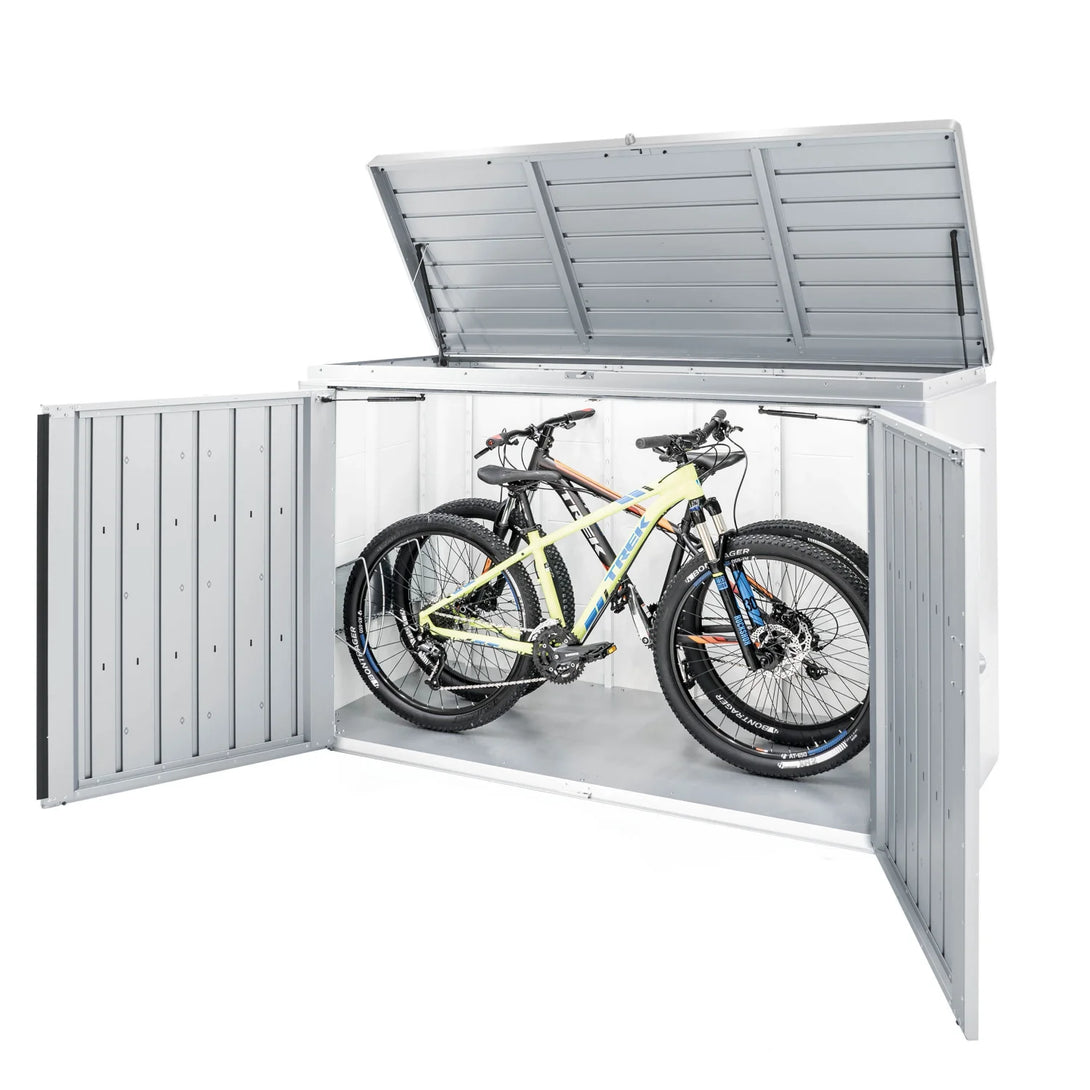 Biohort kerékpártároló fém tárolószekrény két mountain bike számára, felnyitható tetővel és nyíló ajtókkal.