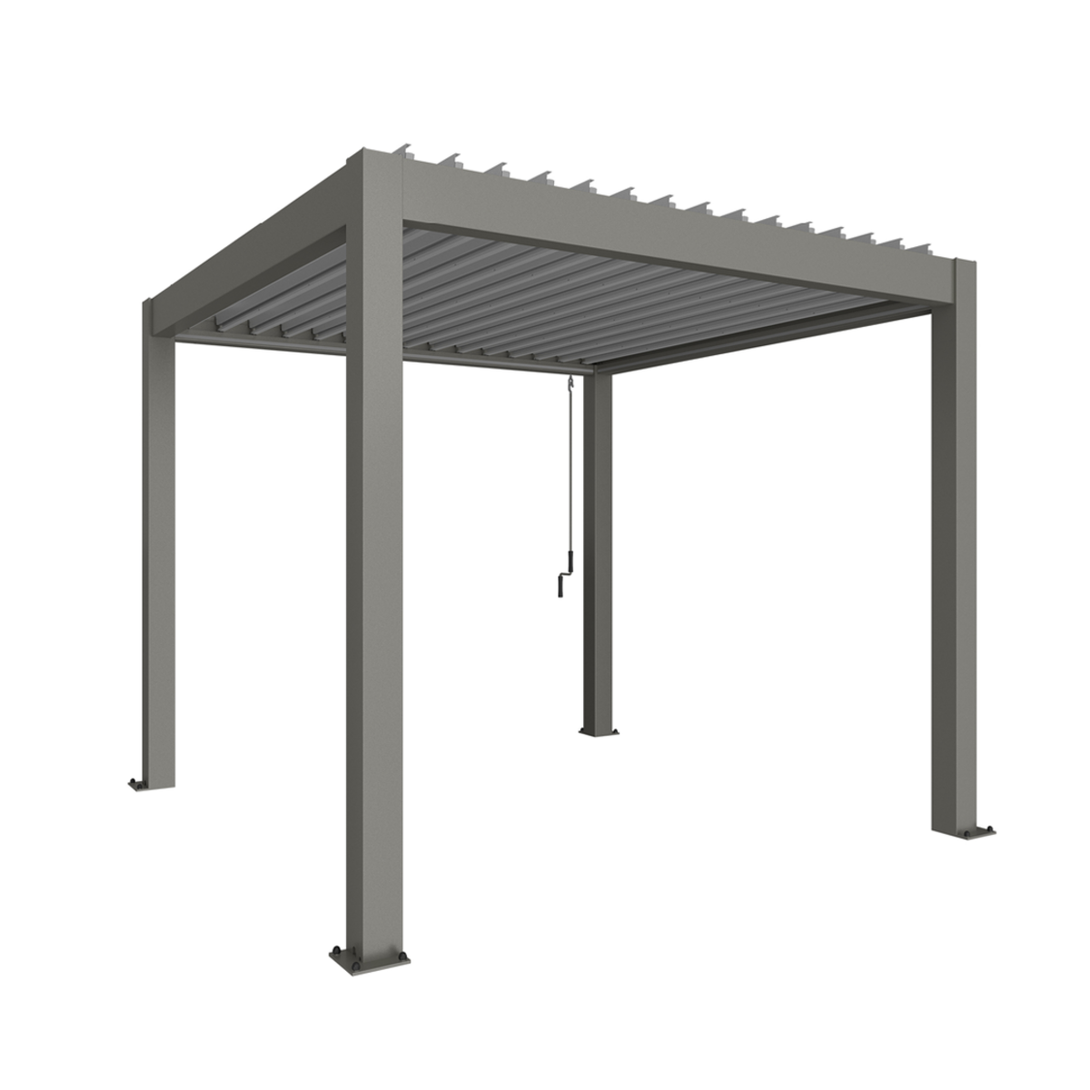 Biohort Outdoor Living pergola kvarcszürke-metál színű, modern, alumínium vázas kialakítással, állítható lamellás tetővel kültéri használatra.