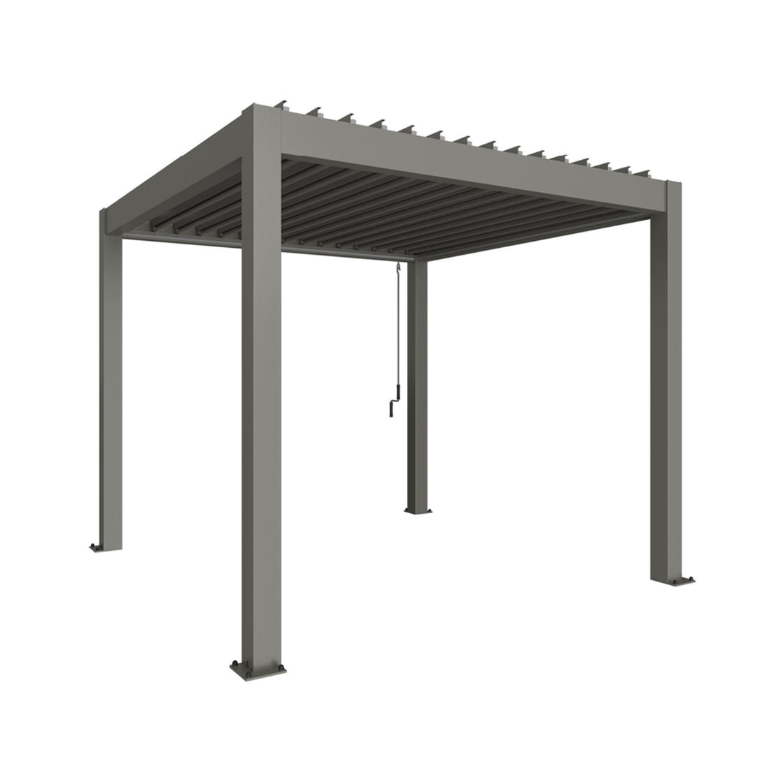 Biohort Outdoor Living pergola kvarcszürke-metál színű, masszív alumínium vázzal és dönthető lamellás tetővel, modern kültéri kialakításban.