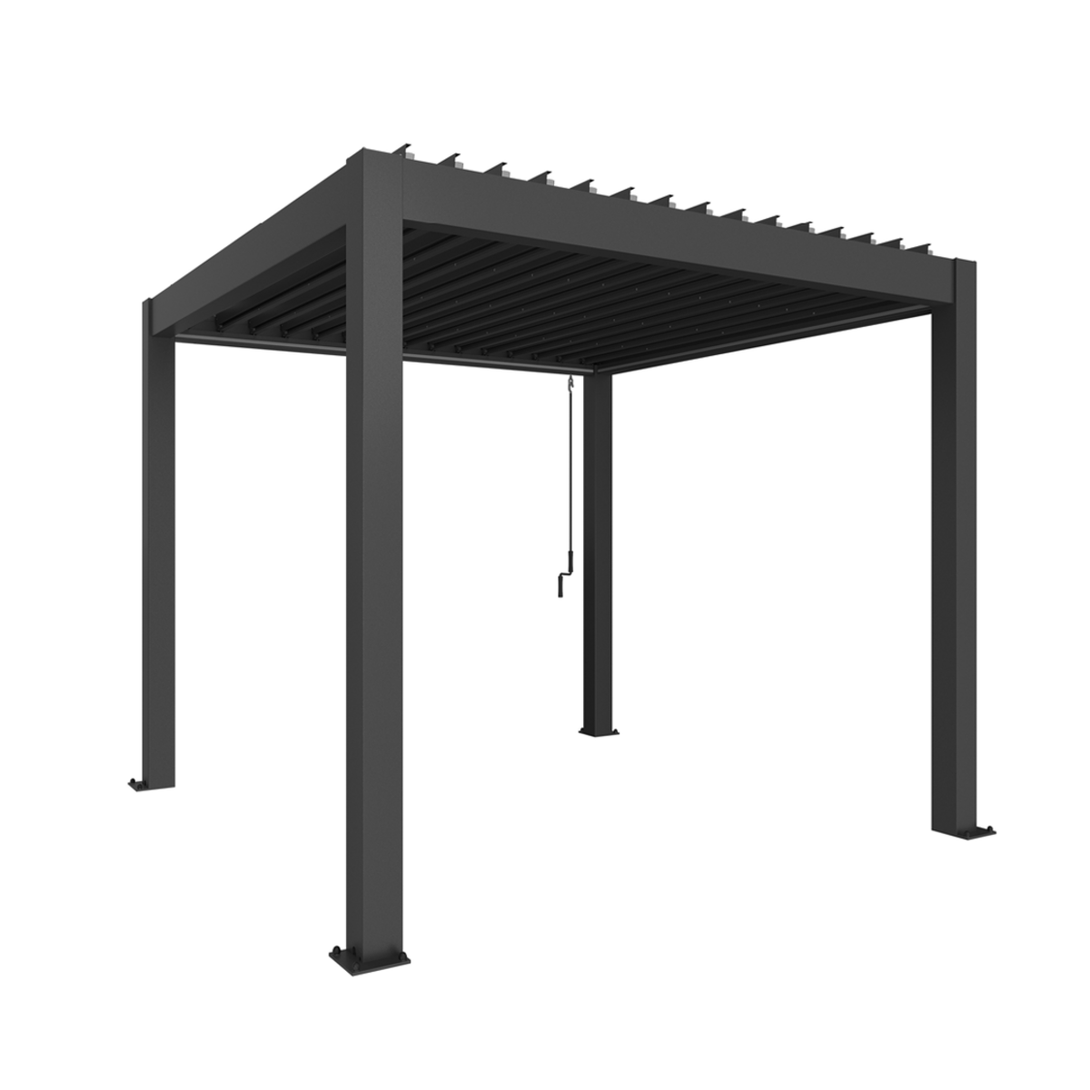 Biohort Outdoor Living pergola sötétszürke-metál színű vázzal, időjárásálló, lamellás tetőmegoldással, elegáns megjelenésű kerti árnyékoló.
