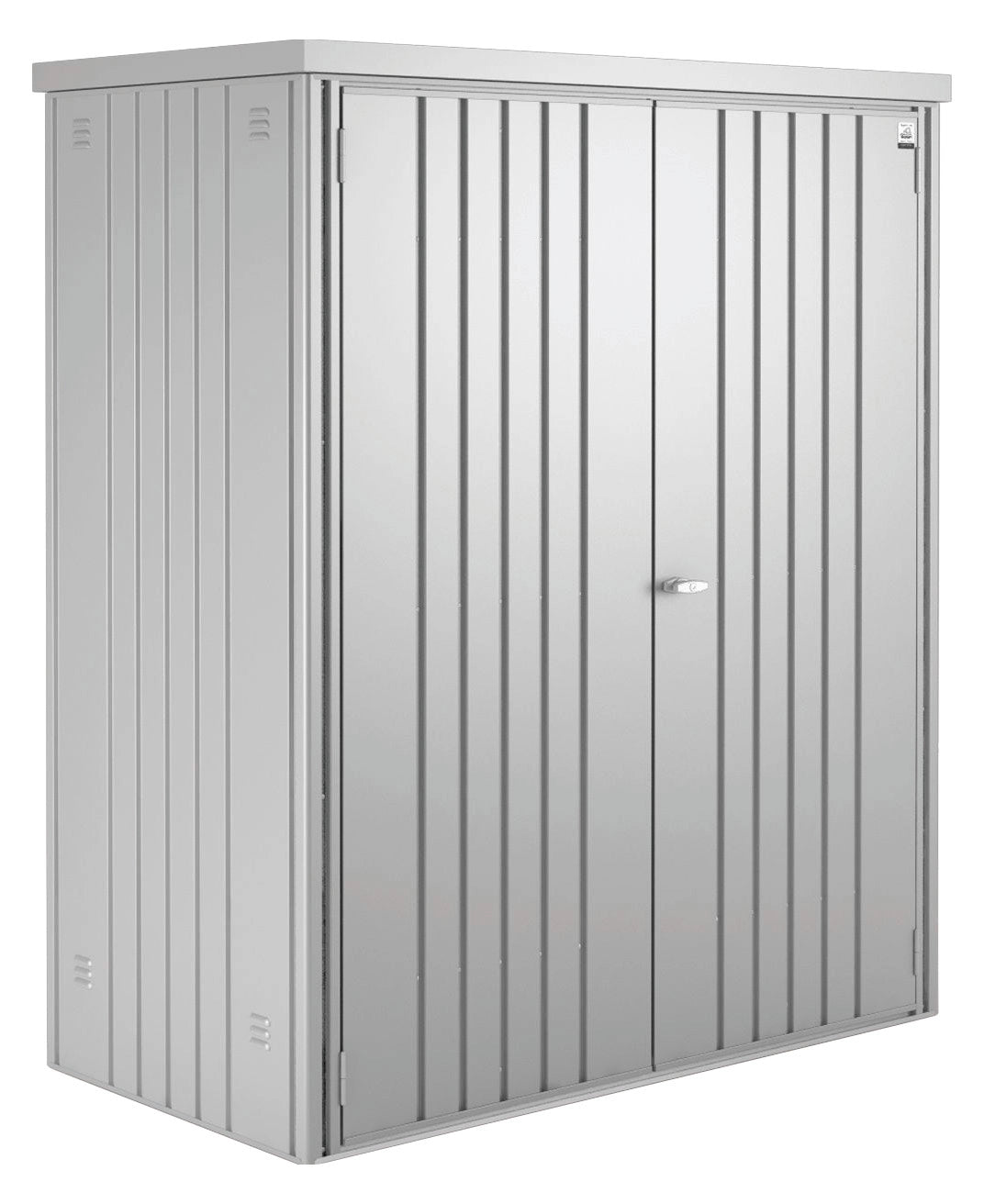 Ezüstmetál színű, időjárásálló Biohort szerszámos szekrény dupla ajtóval, kültéri tárolásra tervezve.