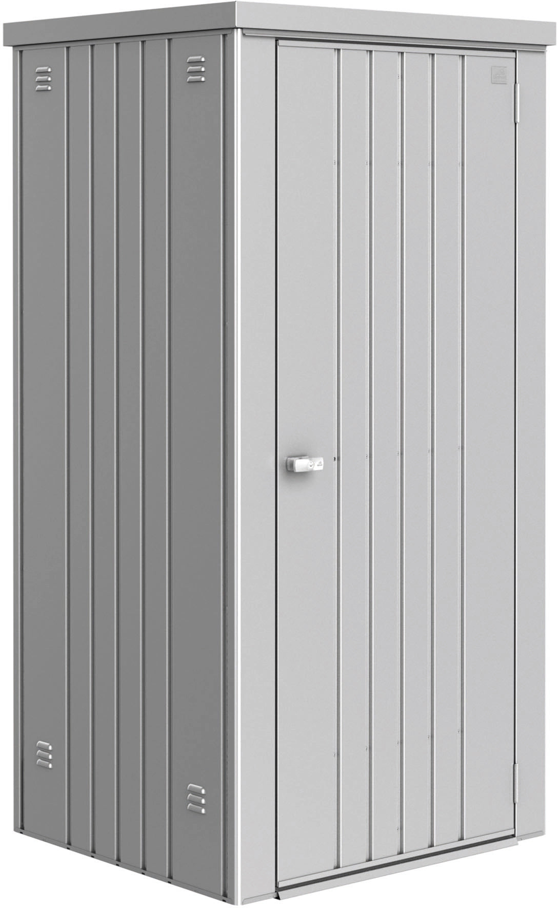 Ezüstmetál Biohort szerszámos szekrény egyszárnyú ajtóval, tartós és karbantartásmentes.