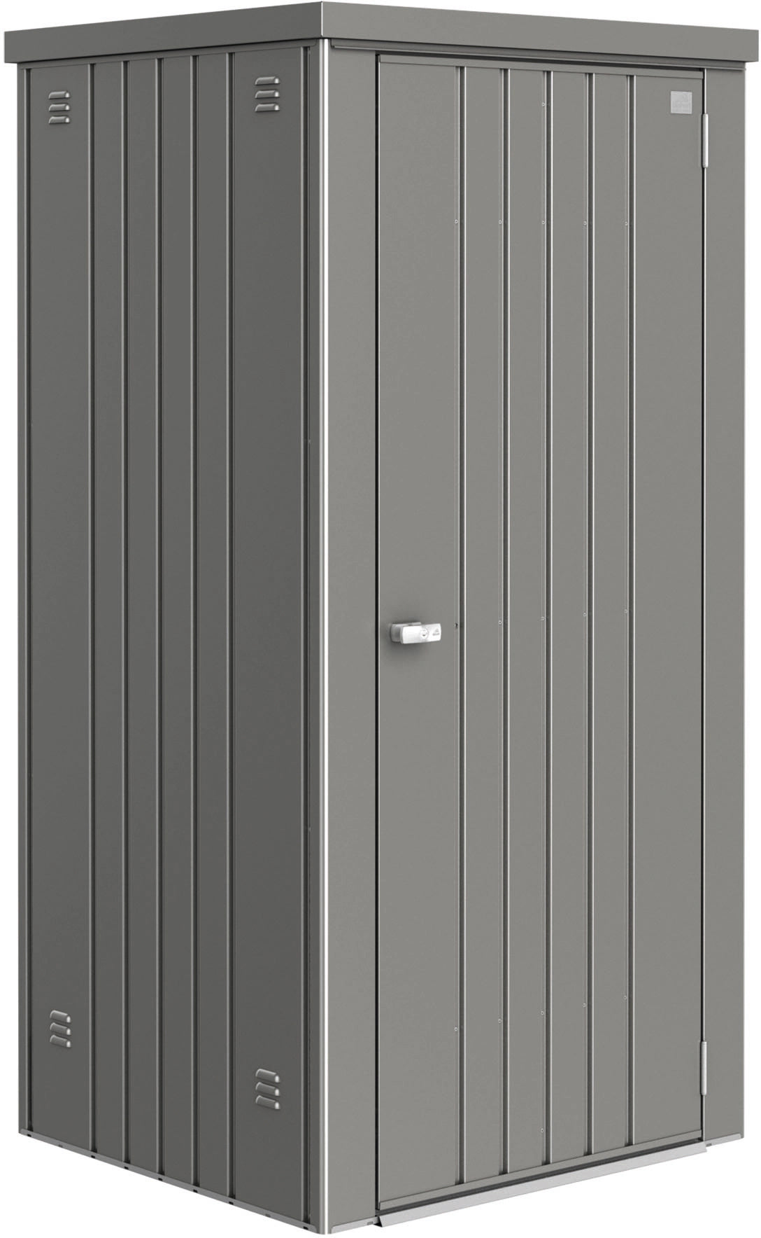 Kavrcszürke-metál Biohort szerszámos szekrény egyszárnyú ajtóval, időjárásálló kültéri szekrény.