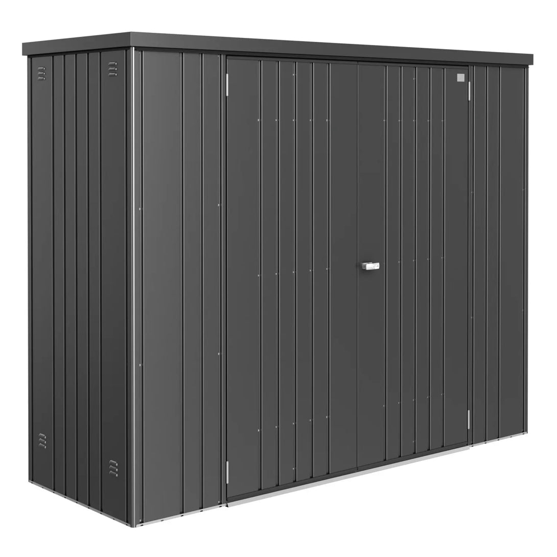 Sötétszürke-metál Biohort szerszámos szekrény dupla ajtóval, időjárásálló, kültéri tároláshoz.