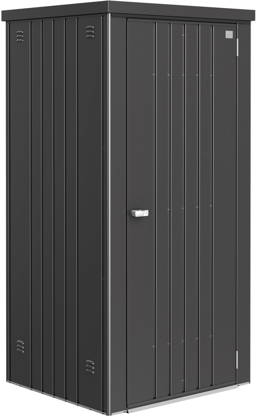 Sötétszürke-metál Biohort szerszámos szekrény egyszárnyú ajtóval, keskeny kivitel kis terekhez.