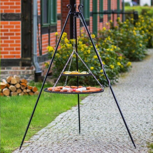 Cook King 180 cm-es háromlábú grill – dupla grillráccsal (40+70 / 40+80 cm) használatban