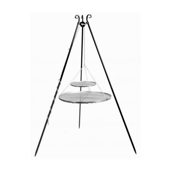 Cook King 180 cm-es háromlábú grill – dupla rozsdamentes grillráccsal (40+ 70-80 cm)