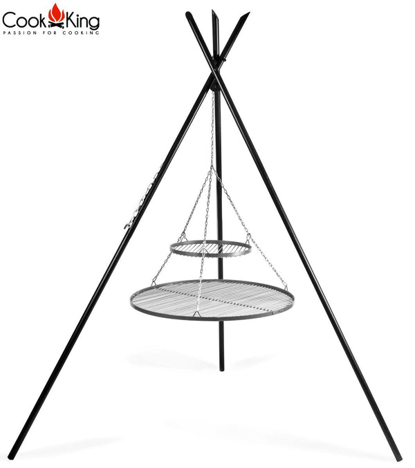 Cook King 210 cm háromlábú állványos grill két függesztett inox ráccsal, porfestett TIPI kialakítás, láncos magasságállítással.
