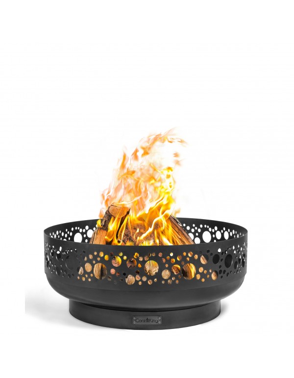 Cook King BOSTON kerti tűztál – lézervágott peremű, kézzel készült nyersacél tűzrakó (80 cm) - használatban, lobogó tűzzel.