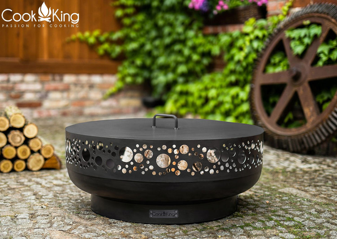 Cook King BOSTON kerti tűztál – lézervágott peremű, kézzel készült nyersacél tűzrakó (80 cm) - kerek, lapos fedővel.