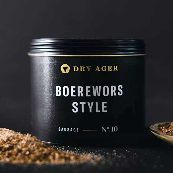 Dry Ager Boerewors Style fűszerkeverék fekete dobozban – No. 10 dél-afrikai stílusú kolbászfűszer természetes húsérleléshez.