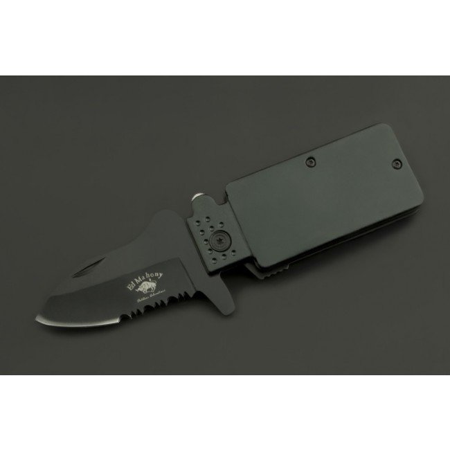 Ed Mahony Turtle Folder oldalnézetben, fekete bevonat, részben fogazott penge, kompakt EDC kés.