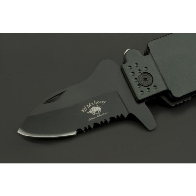 Ed Mahony logóval jelölt penge közelről; részben fogazott él a nehezebb anyagokhoz.