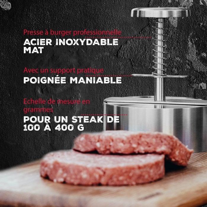 Hamburgerprés jellemzők: matt rozsdamentes acél, kényelmes fogantyú, grammos skála 100–400 g
