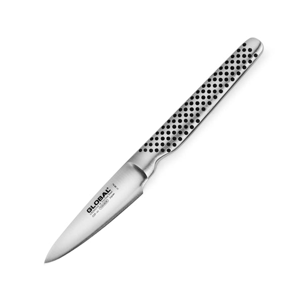 Global GSF-46 7,6 cm hámozókés fehér háttéren – CROMOVA 18 acél, kétoldali 10–15° konvex él.