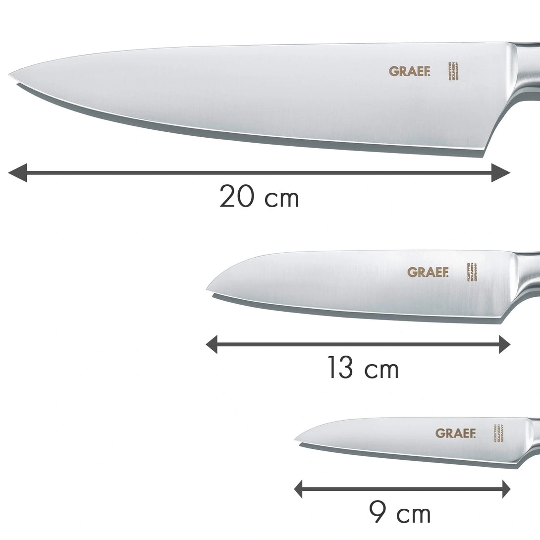 GRAEF kések pengehossza: 20 cm séfkés, 13 cm santoku, 9 cm hámozókés.