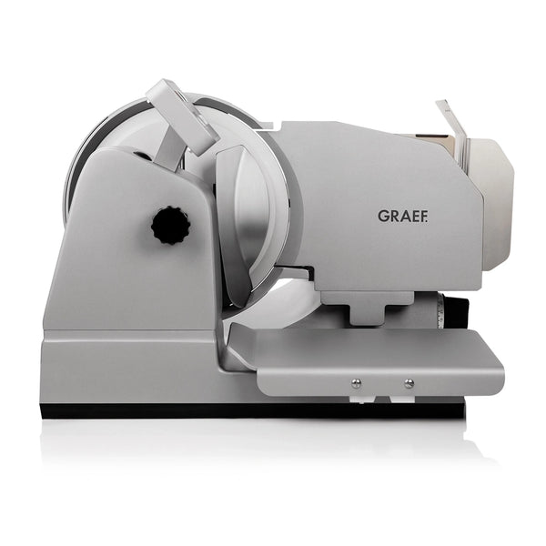 GRAEF Master 3020 W professzionális szeletelőgép oldalnézete beépített mérleggel és ergonomikus kialakítással.