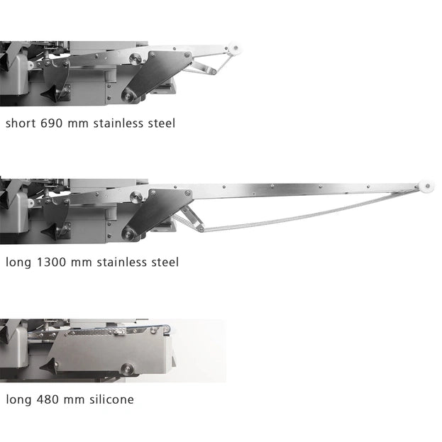 Graef VA automata szeletelőgép szállítószalag opciók: 690 mm rozsdamentes acél, 1300 mm rozsdamentes acél és 480 mm szilikon kivitel