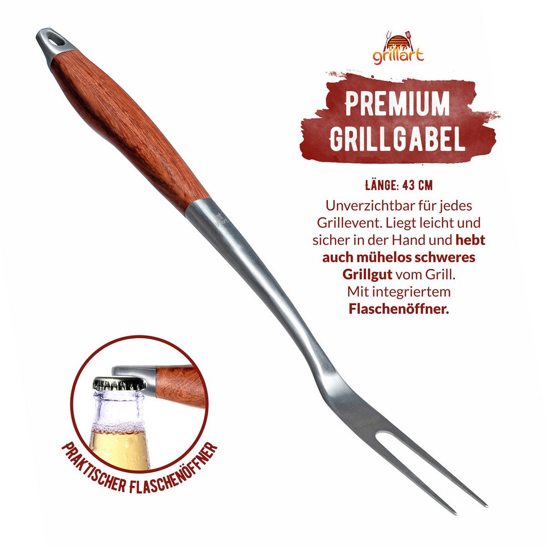 Grillart rozsdamentes grillvilla fa nyéllel és beépített sörnyitóval.