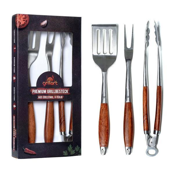 Grillart prémium 3 részes grillszett dobozban – lapát vágóéllel, villa és fogó.