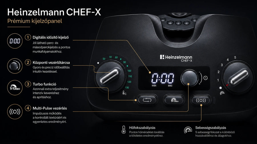 Heinzelmann CHEF-X kezelőpanel és vezérlőtárcsák gyártói infografikája
