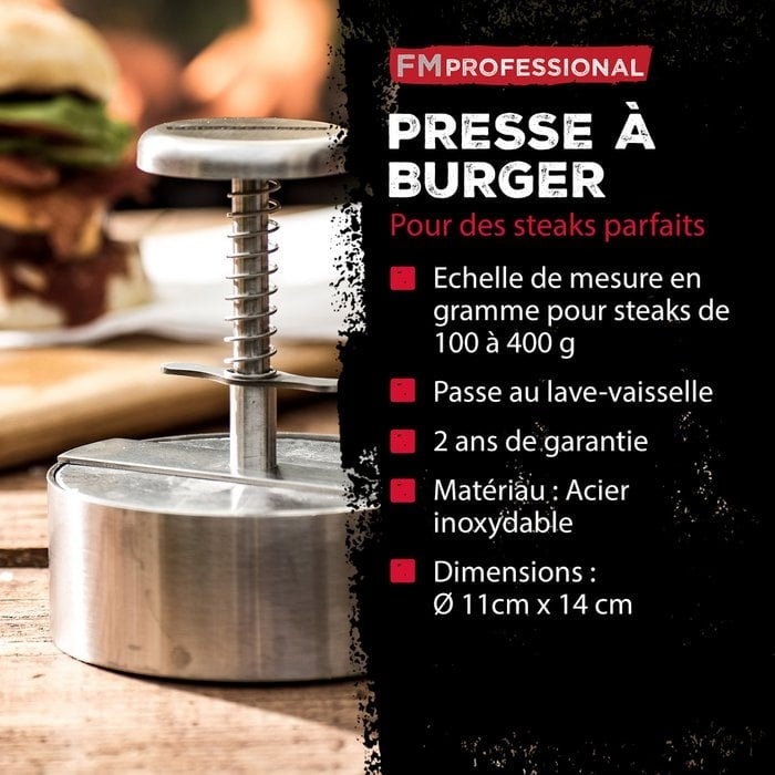 FM Professional hamburgerprés infografika – mosogatógépben mosható, Ø11×14 cm, 2 év garancia