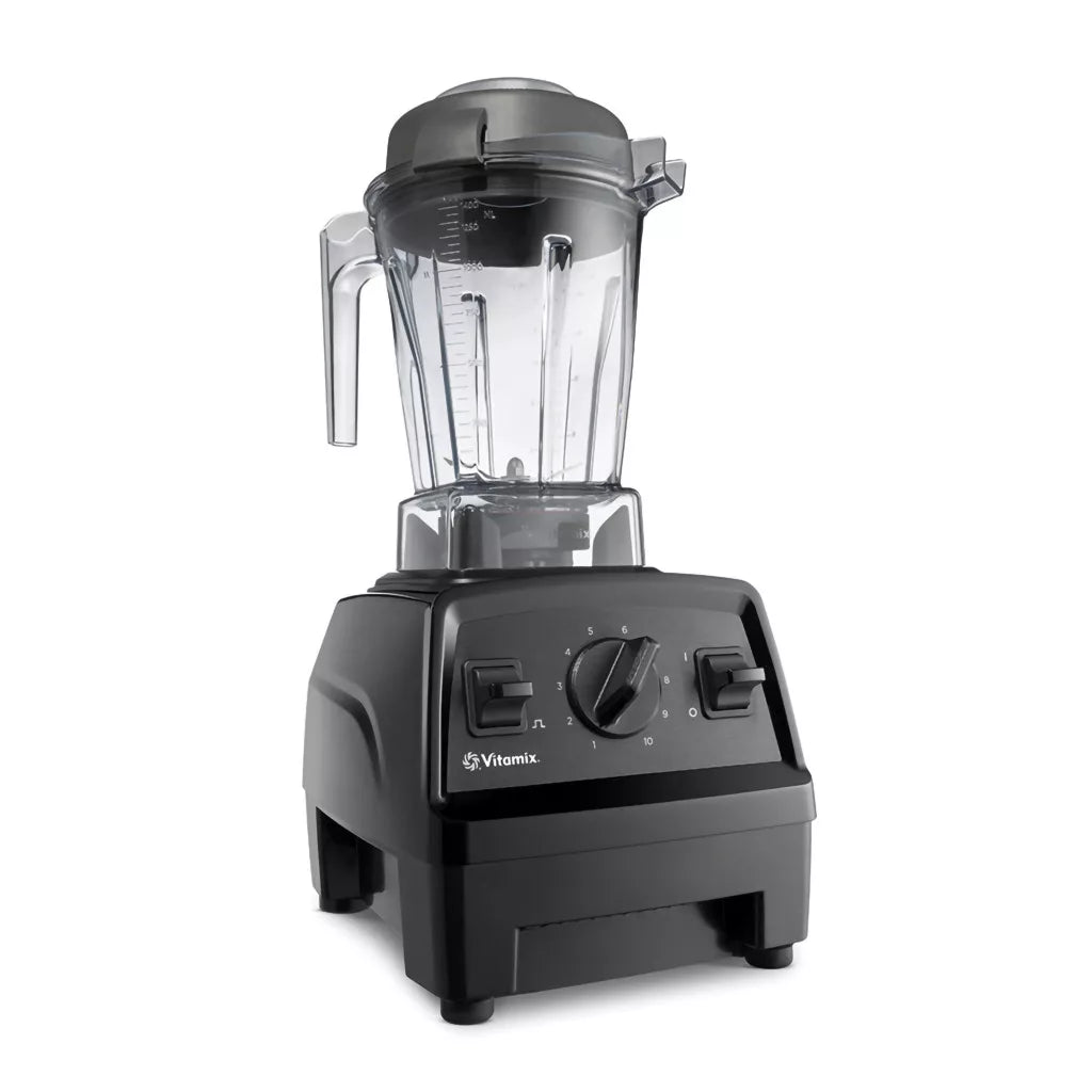 Vitamix Explorian E310 fekete turmixgép, 3/4 nézet, edzett rozsdamentes acél kések