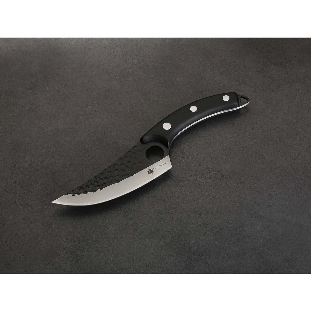 Kültéri konyhakés oldalnezetben, ívelt penge és stabil pakkafa markolat.