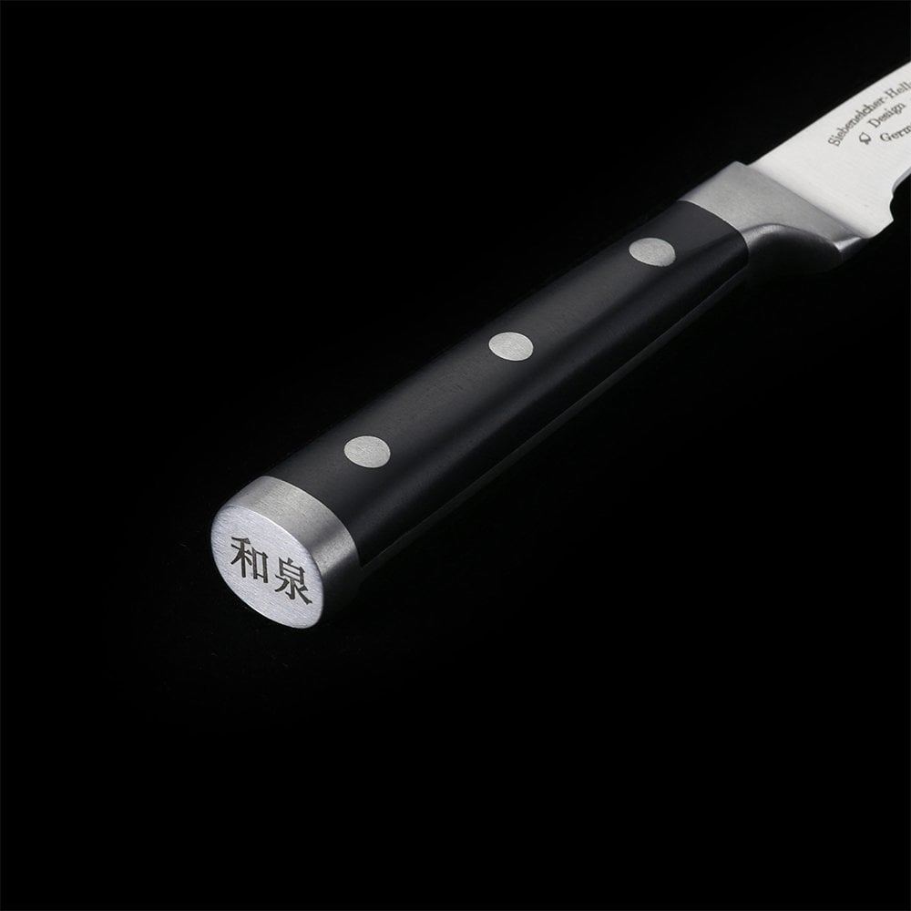 IZUMI ICHIAGO tourné/gyümölcskés Tecaran markolattal, gravírozott végsapkával, részletfotó.