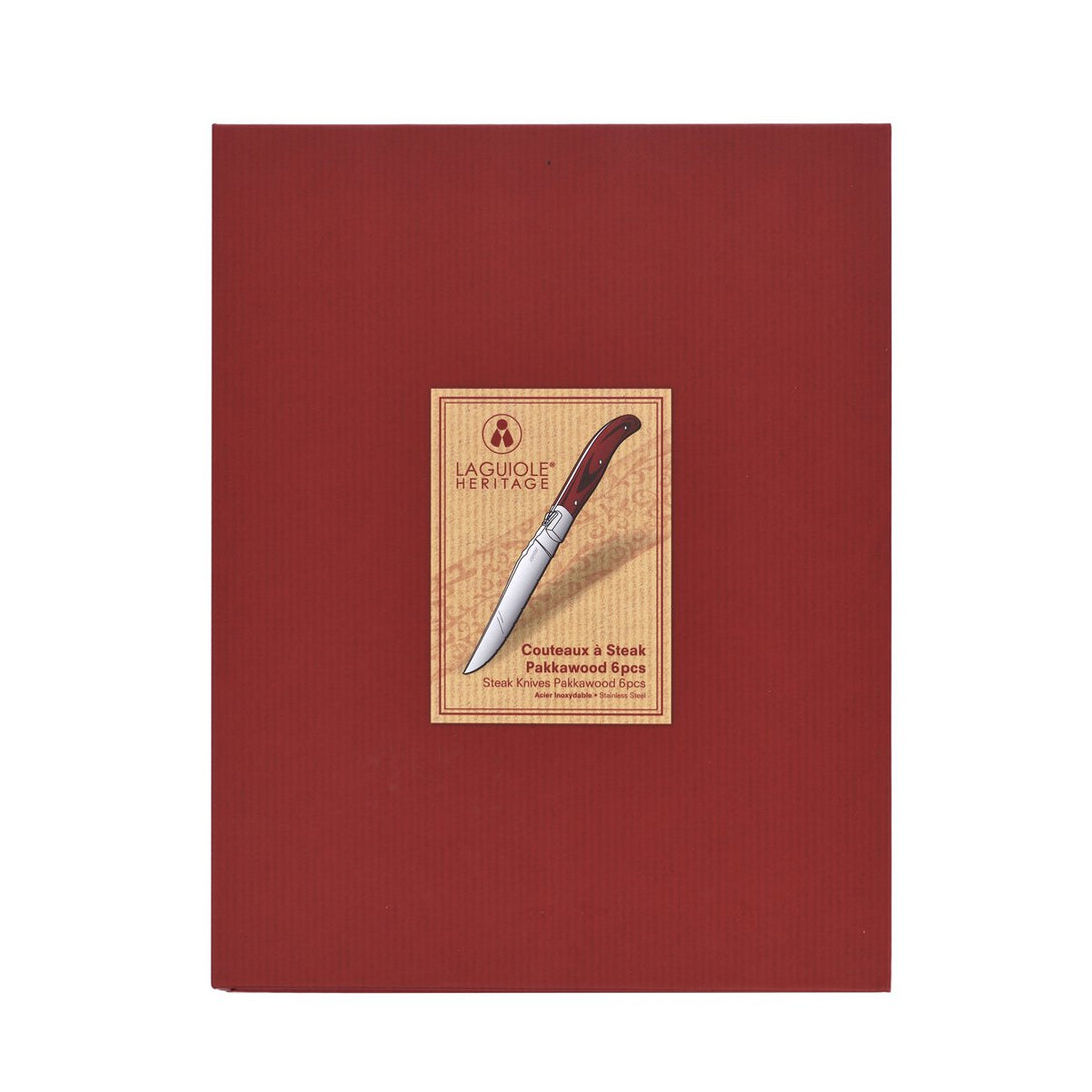 Laguiole Heritage steak kés készlet – 6 db, pakka fa nyél, díszdoboz (zárt nézet)
