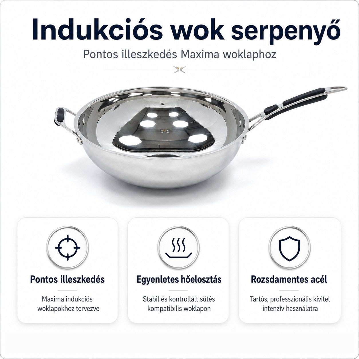 Maxima indukciós wok serpenyő rozsdamentes acélból woklaphoz