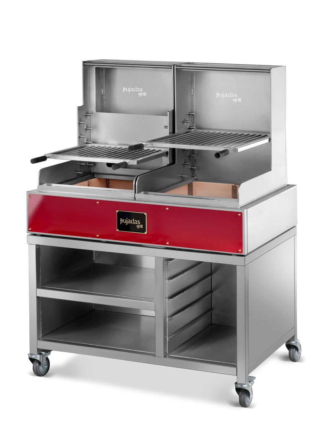 Pujadas Open Grill Lite bordó homlokpanellel, GN polcokkal és fékezhető kerekekkel