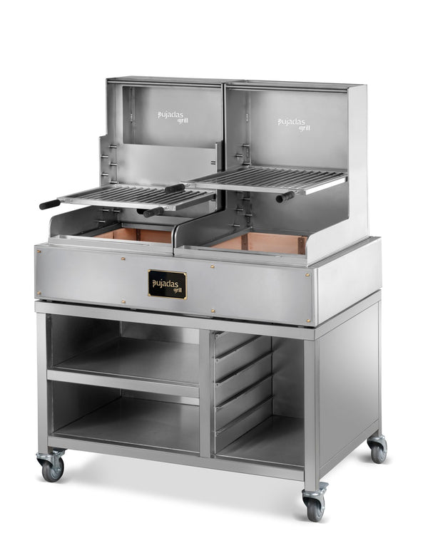 Pujadas Open Grill Lite ezüstmetál kivitel, V- vagy O-alakú rács opcióval, nyitott faszenes grill