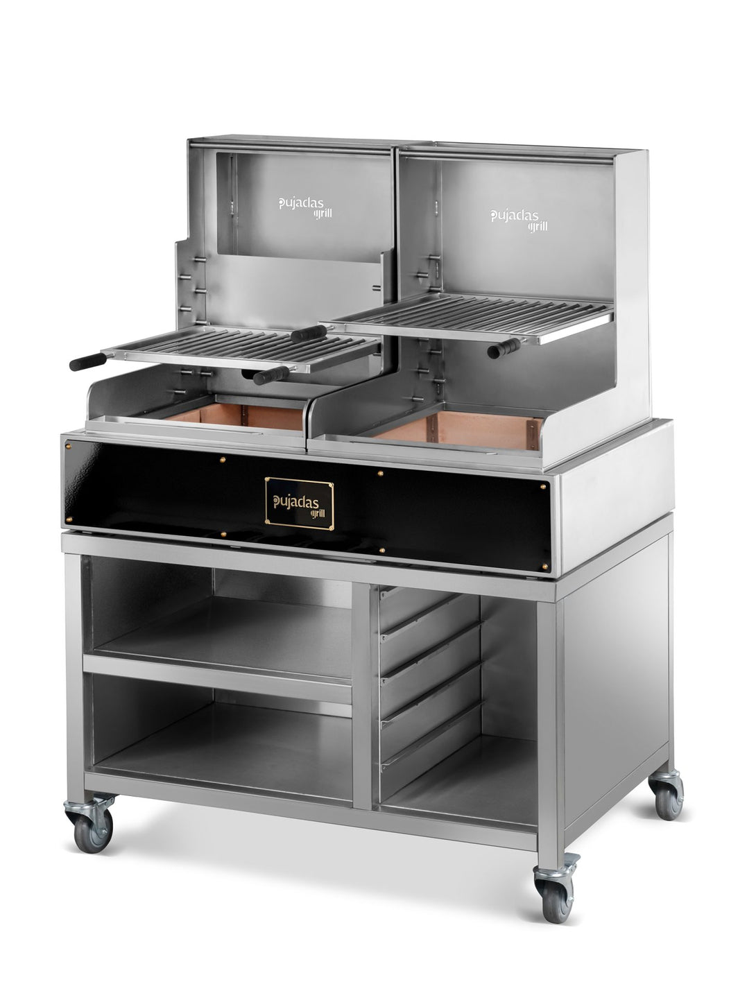 Pujadas Open Grill Lite fekete kivitel, dupla nyitott faszenes grill 5 szinttel, V- vagy O-alakú rács opció