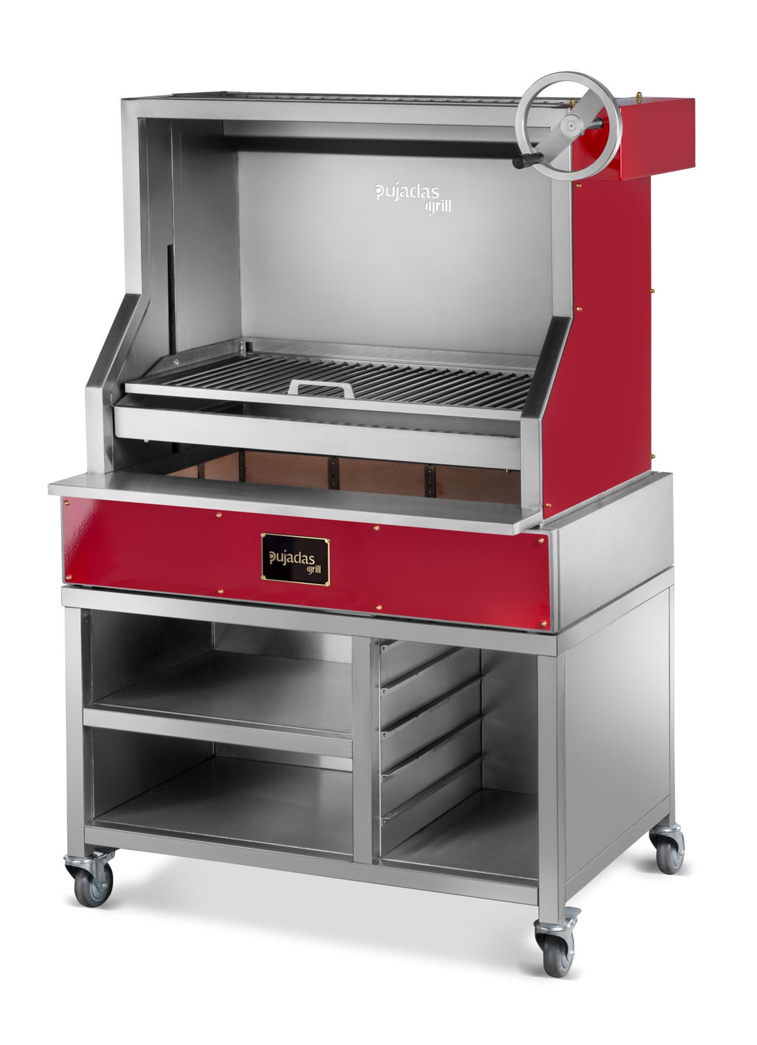 Pujadas Open Grill nyitott faszenes grill, bordó kivitel, kézikerék 400 mm emeléssel
