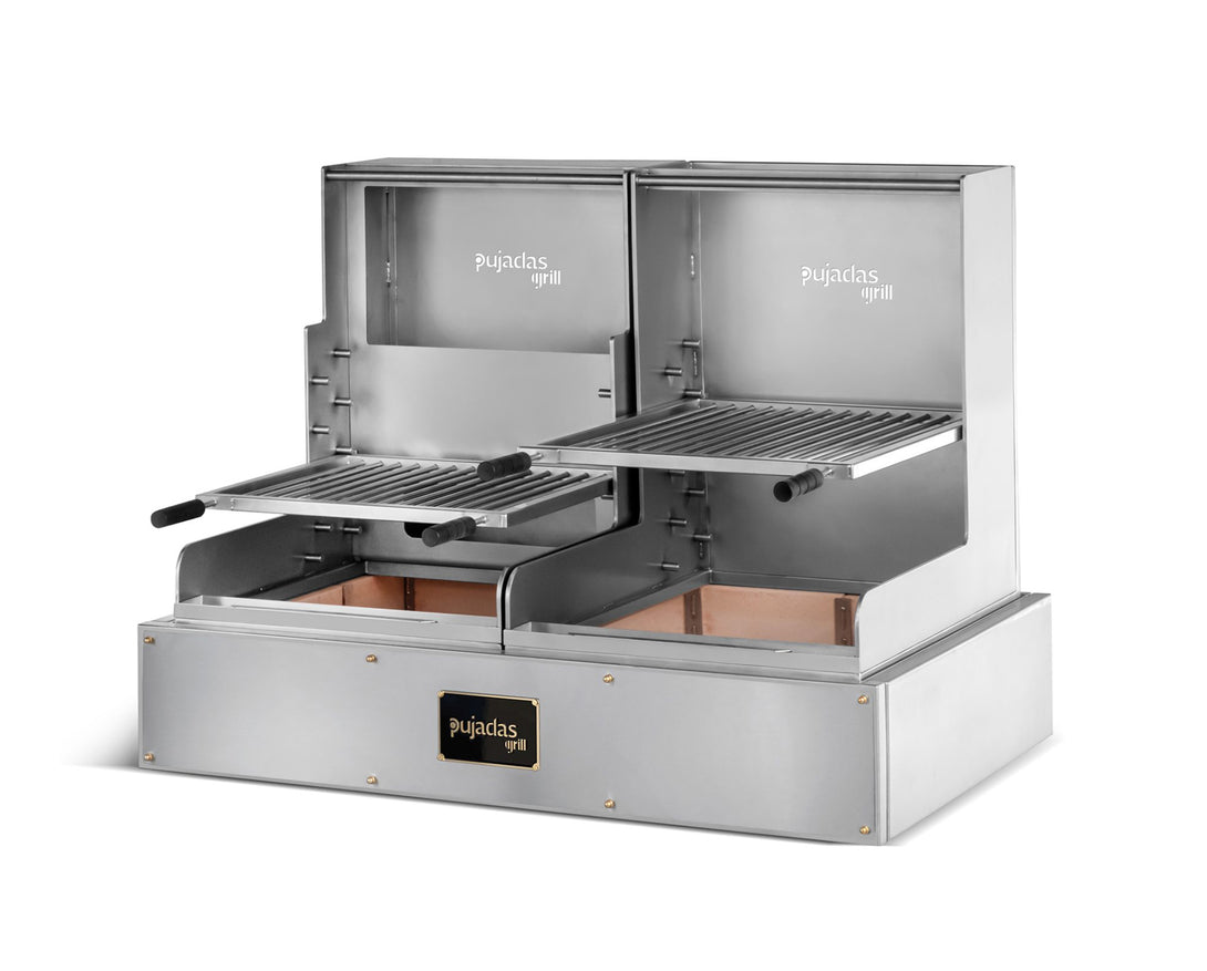 Pujadas pultos nyitott faszenes grill Lite ezüstmetál kivitelben, V- vagy O-alakú rács opcióval