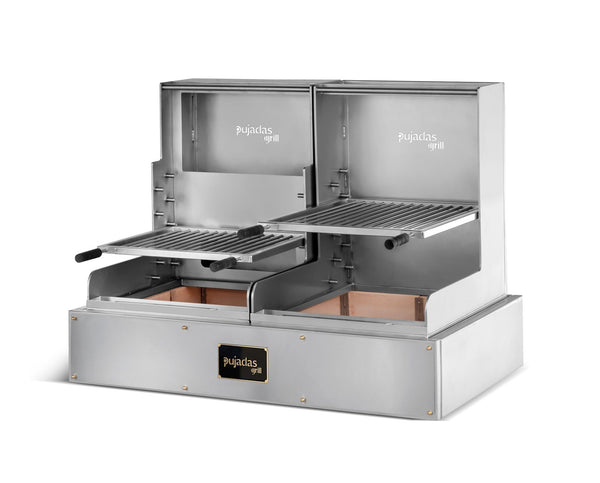 Pujadas pultos nyitott faszenes grill Lite ezüstmetál kivitelben, V- vagy O-alakú rács opcióval