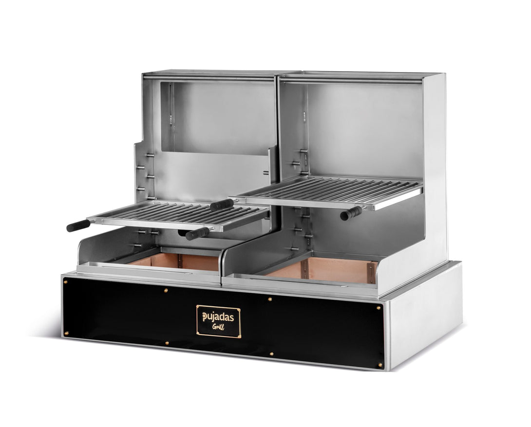 Pujadas pultos nyitott faszenes grill Lite fekete kivitelben, dupla nyitott grill 5 szinttel