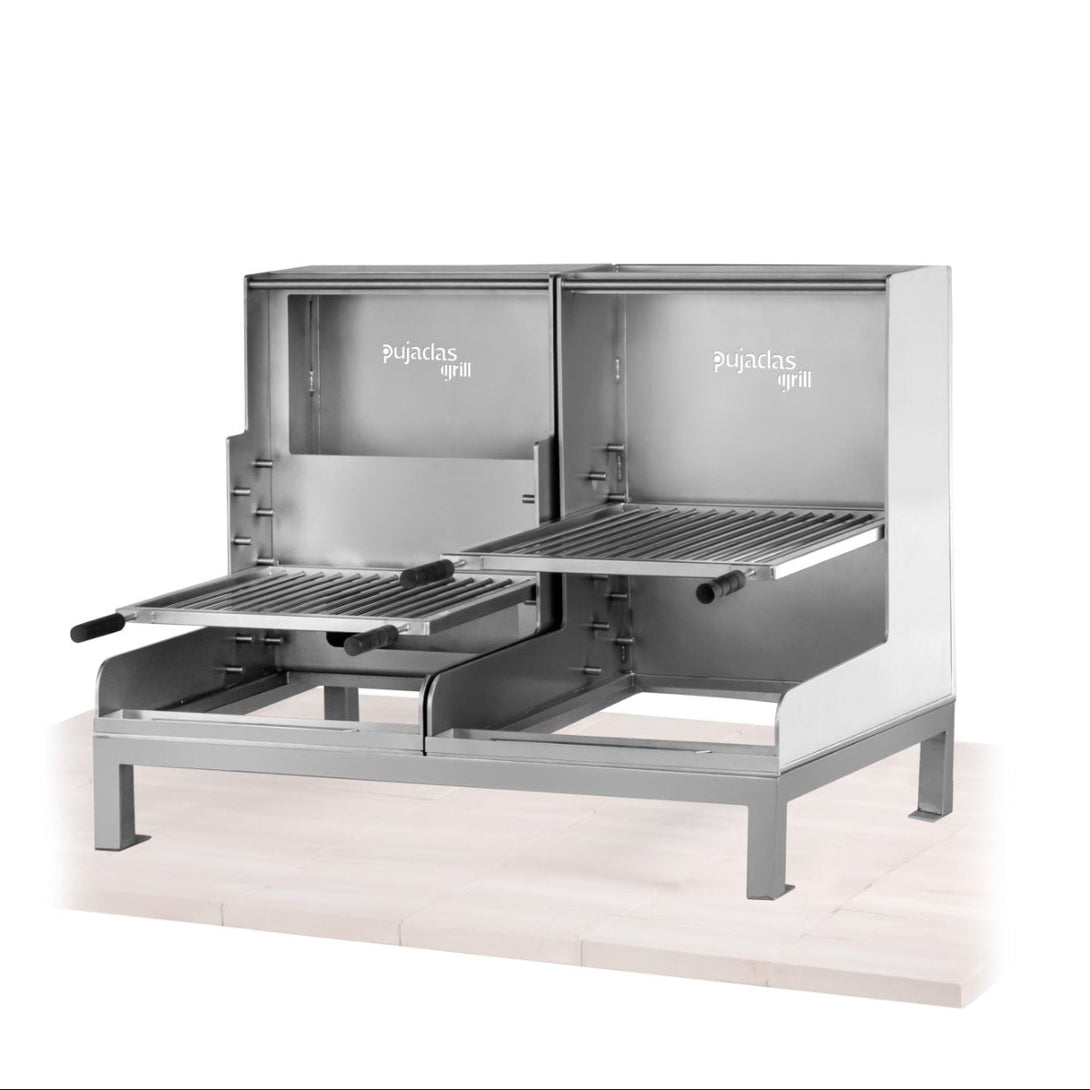 Pujadas pultos nyitott faszenes grill Lite ezüstmetál kivitelben, refrakter alap nélkül; dupla nyitott grill 5 rácsszinttel